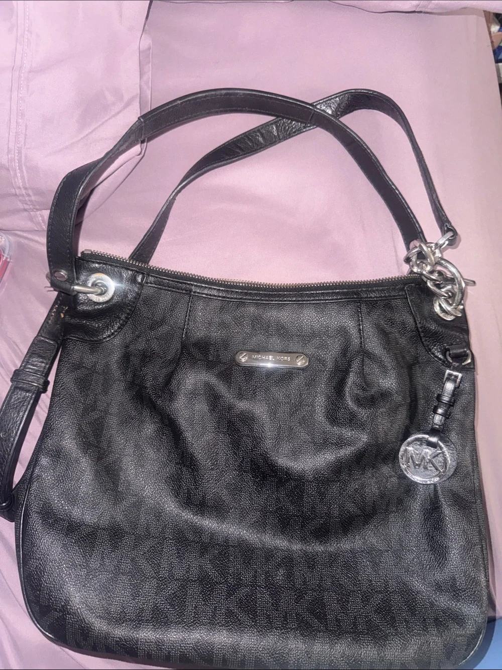 Michael Kors Black Logo-Print Leather Shoulder Bag with Silver Hardware